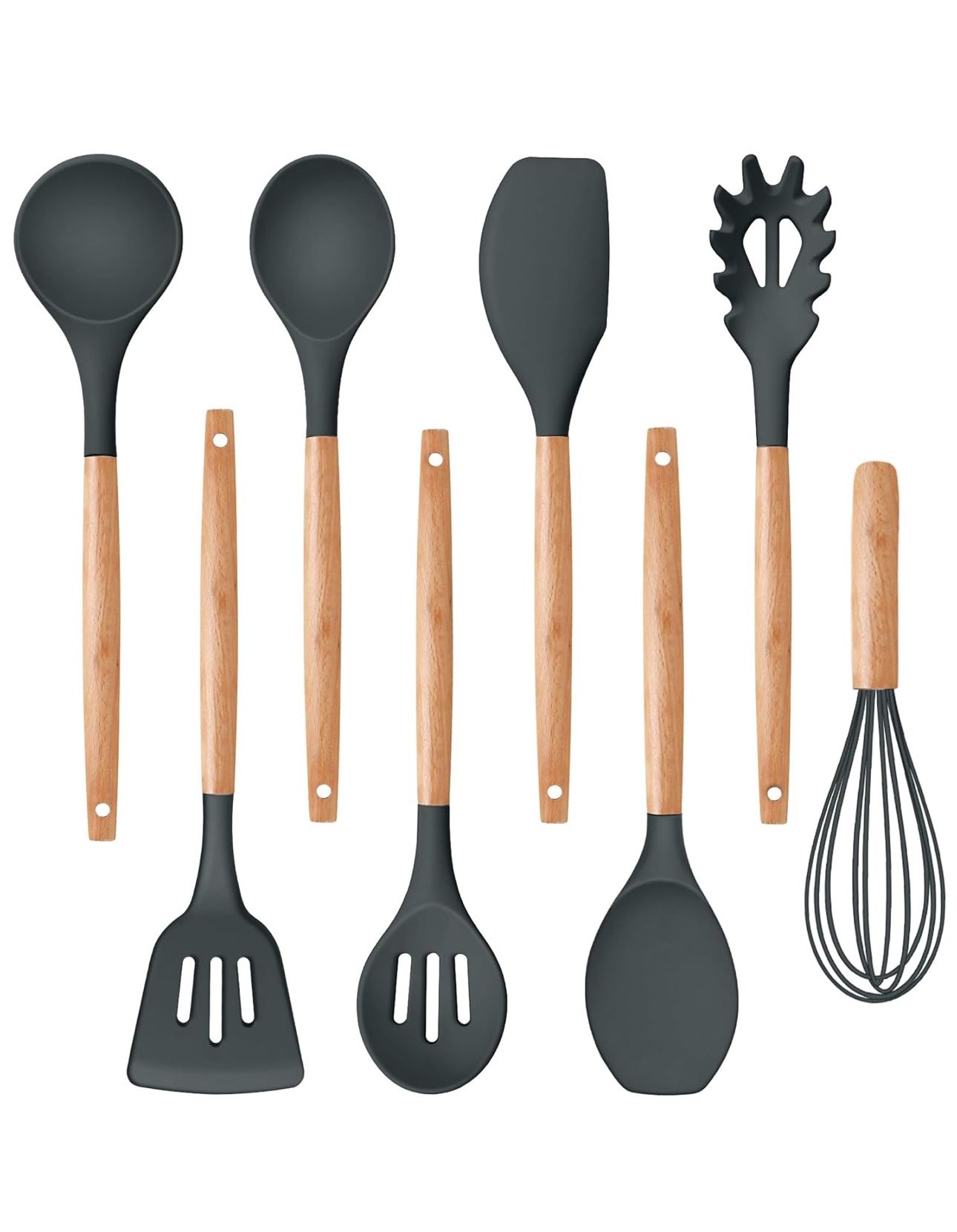 Silicone Cooking Utensils Set, 8-Piece Kitchen Cooking Utensil with Wooden Handle, Silicone Spatula for Nonstick Cookware, Heat-proof & Easy Clean, Gr