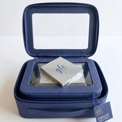 GloTech 3-Piece Navy Blue Cosmetic Travel Bag Set with Handle Compact Mirror New