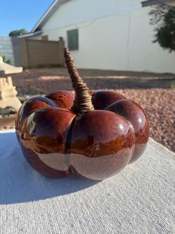 Vintage Pier 1 Glazed Ceramic Pumpkin Figurine Wire Stem Fall Halloween Thanksgiving Decor