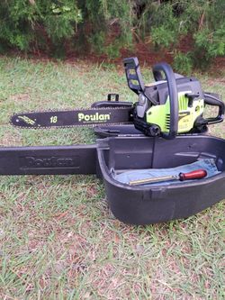 Poulan Pro 18-inch chainsaw with case.