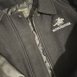 Vintage Winchester Firearm Rifles Gun XL Black Leather Snap Up Letterman Jacket  Zipper 