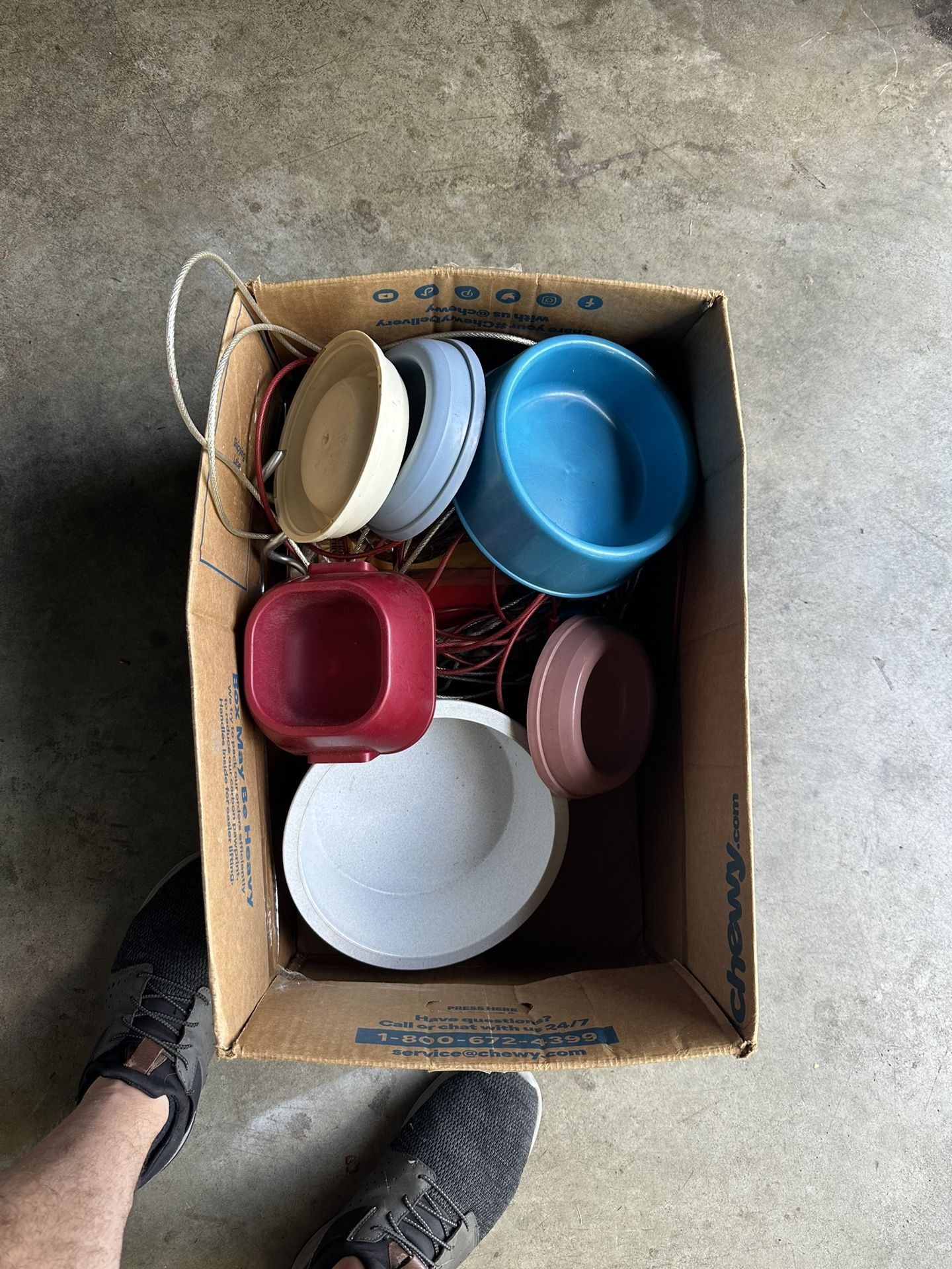 Box Full Of Dog Bowls and Cables