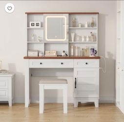 42inch Large Makeup Vanity Set, Farmhouse Vanity Desk with Lighted Mirror, Charging Station, Clear Glass Tabletop & Stool, Wood Dressing Table with St