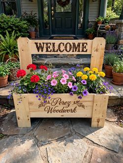 Wooden Welcome Planter Box with Engraved Sign