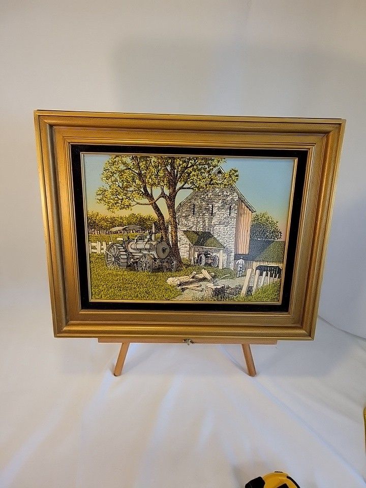 H HARGROVE TRACTOR BARN FRAMED SERIGRAPH SIGNED OIL CANVAS 12X16 ART PAINTING
