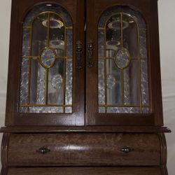Vintage Wood Jewelry Armoir, Frosted Artistic Glass Doors