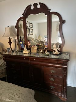 Cherry Wood Dresser with Tri-Fold Mirror