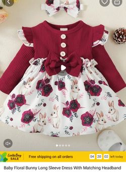 Baby Floral Bunny Long Sleeve Dress With Matching Headbandnew