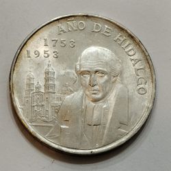 1953 Mexico Silver  5 Pesos Commemorative Coin / Año De Hidalgo Moneda Comemorativa De Plata 1953