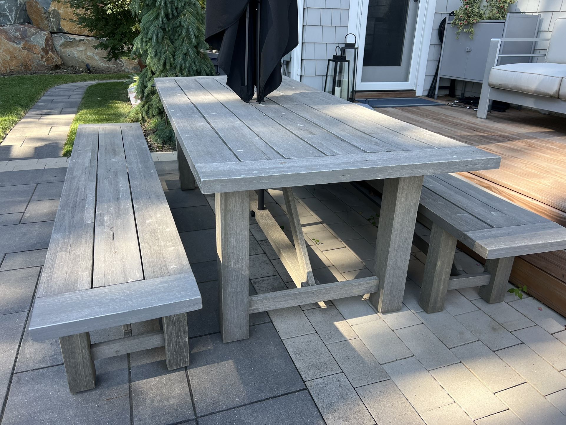 Outdoor 92” Long Dining Table And Two Benches