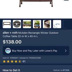 Allen + Roth Wicker Outdoor Coffee Table New
