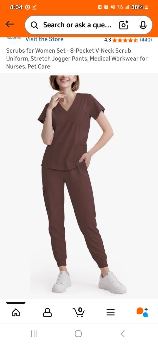 Eadflie Scrubs for Women Set -V-Neck Stretch Jogger Pants (Brown/XS)