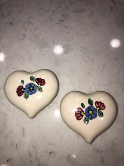 Ceramic Hearts With Blue And Red Flowers Have Acces To Hang On Wall Or Hang From Top Center