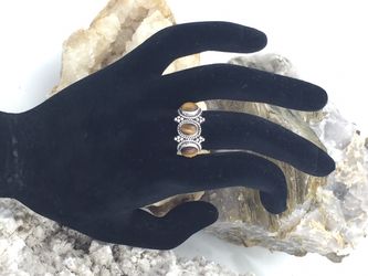 925 STER Silver Triple Cabochon Tiger’s Eye Ring 8.25