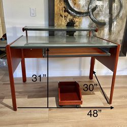 !!Nice Sherry Desk With Frozen Glass Shelf And Tower Car (used in Very Good Condition.)                          NO TRADES.       NO SHIPPING.      (P