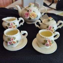 Miniature Tea Set Bisque Porcelain 9 Piece Rose Pattern Raised Charming Toy Size