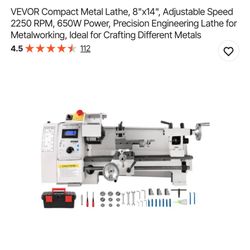 VEVOR Compact Metal Lathe, 8"x14", Adjustable Speed 2250 RPM, 650W Power, Precision Engineering Lathe for Metalworking, Ideal for Crafting Different M