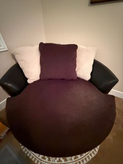 Beautiful, round leather Ashley arm chair w corduroy seat & pillows - North Summerlin, Las Vegas NV