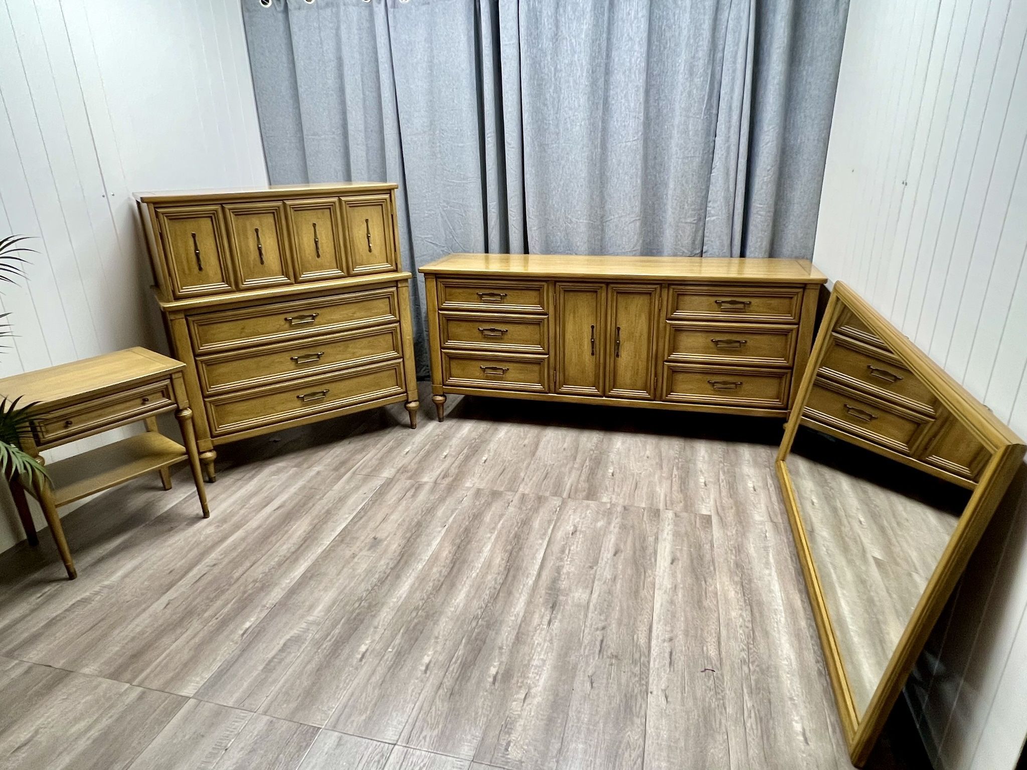 Vintage One Long Dresser With Mirror , Tall Dresser and Nightstand Set