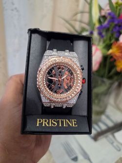 Iced Out Skeleton Dial Watch with Black Rubber Strap