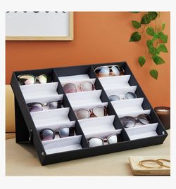18 Slot Sunglass Organizer, Display Case Storage for Women and Men, Eyeglasses (Black, 18.7 x 14.9 x 2.4 In)