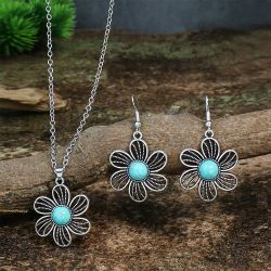 Turquoise diamond retro Chinese style hollow flower earrings necklace earrings jewelry set for women