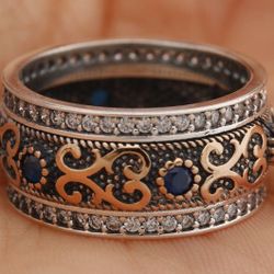 Handmade Turkish Authentic Round Cut Blue Sapphire Topaz 925 Sterling Silver Ring

