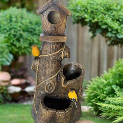 Outdoor Birdhouse Birds Resin Water Fountain with Pump Patio Garden