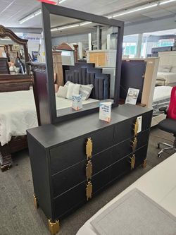 Black Dresser with Mirror and Gold Hardware