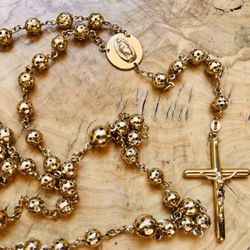 14KT Solid Yellow Gold Rosary 35" 6MM Beads 22.4 grams 30" Loop 5" Pendant 585