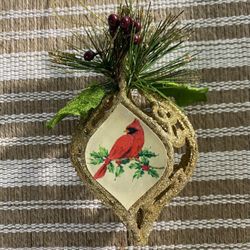 Vintage Red Cardinal Christmas Tree Golden Ornament Holiday Decoration.