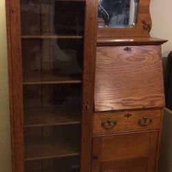 OAK SECRETARY, BENCH AND PICTURE FRAME
