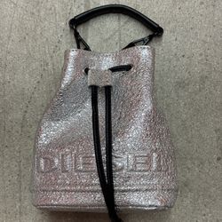 Diesel Metallic Mini Bucket Bag – Silver Crinkle Textured