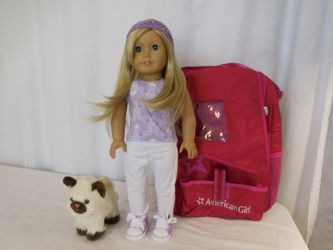 American Girl Doll 2008 Truly Me Blonde Hair Blue Eyes + American Girl Doll 15" Backpack Carrier Bag Case Red Pink Window Pet Padded + American G