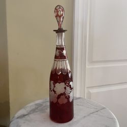 Vintage Bohemian Cut-to-clear Glass Decanter Ruby Red With Stopper