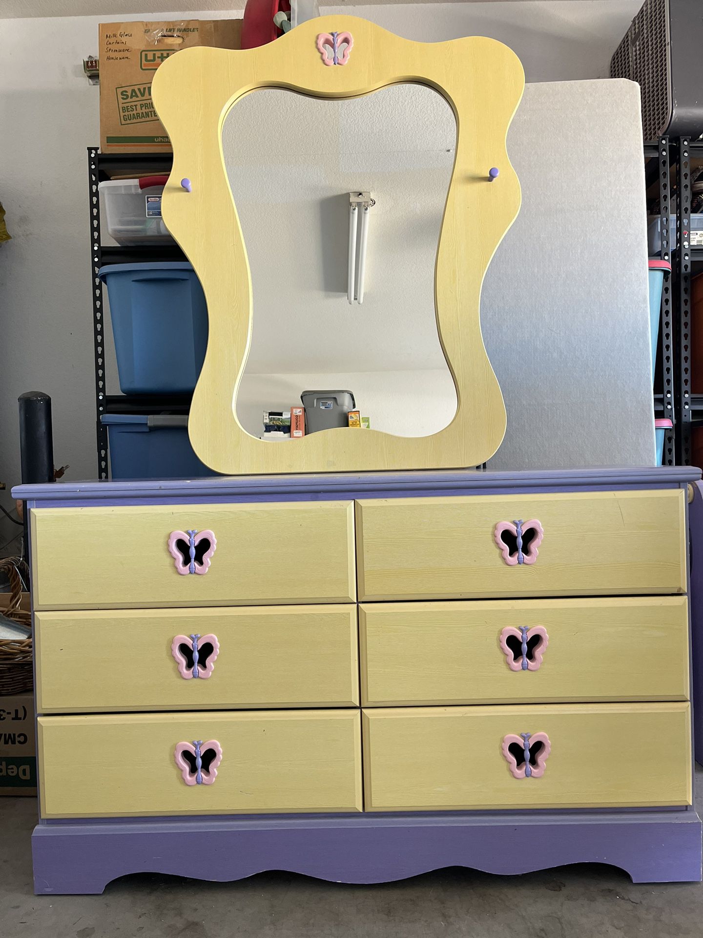 Butterfly Purple And Yellow Girls TWIN Bed frame And Dresser With Mirror