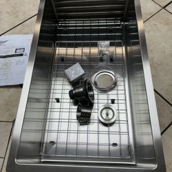 New 33” stainless steel undermount basin sink with noise dampening coating. Everything is included