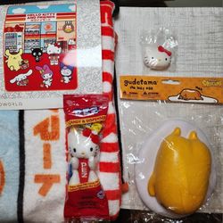 Hello Kitty sanrio blanket squishme pez bag charm Hello Kitty and Gudetama Gift Set