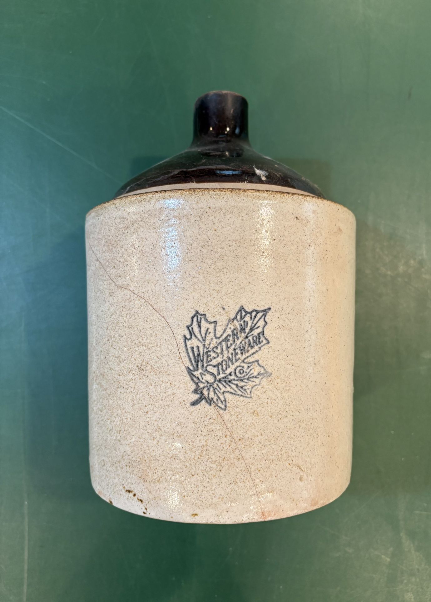 Vintage Stoneware Western Stoneware Maple Leaf Blue Stamped Whiskey Crock Jug
