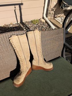 Volatile lace up wedge beige suede leather tall boots Rare