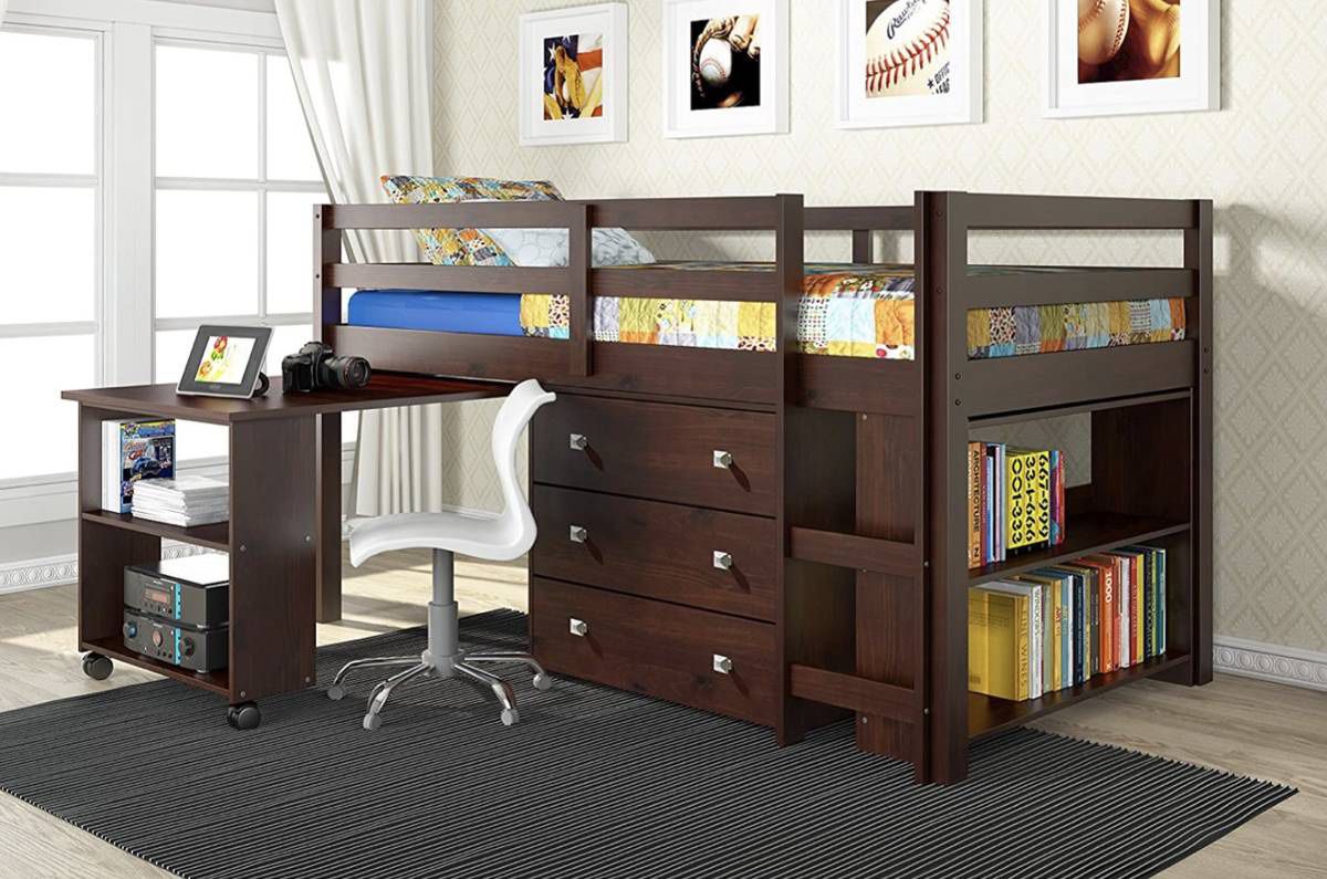 Kids Low Study Loft Bed, Dark brown / Cappuccino, shelves and drawers