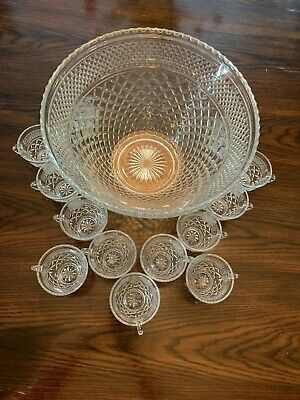 Vintage Anchor Hawking Wexford Crystal Punchbowl Set With Ladle And 14 Cups