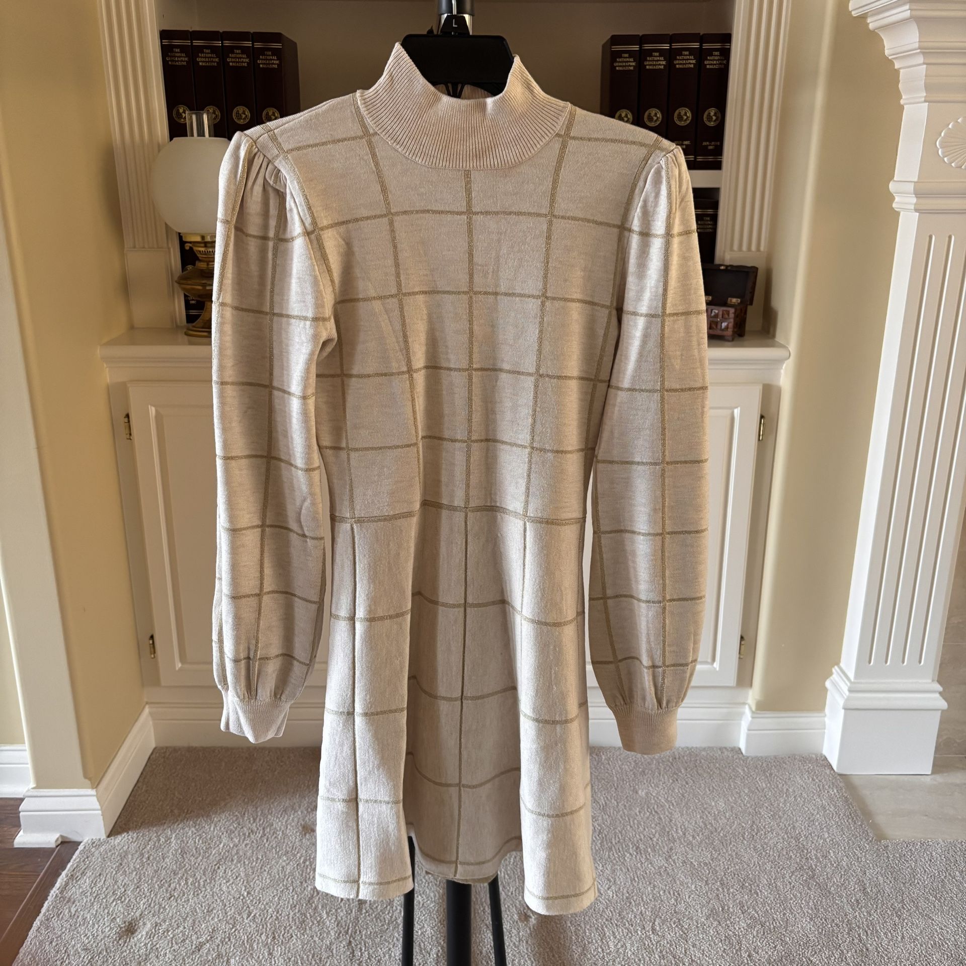 Crystal Doll Women’s Metallic Windowpane Print Turtleneck Sweater Dress