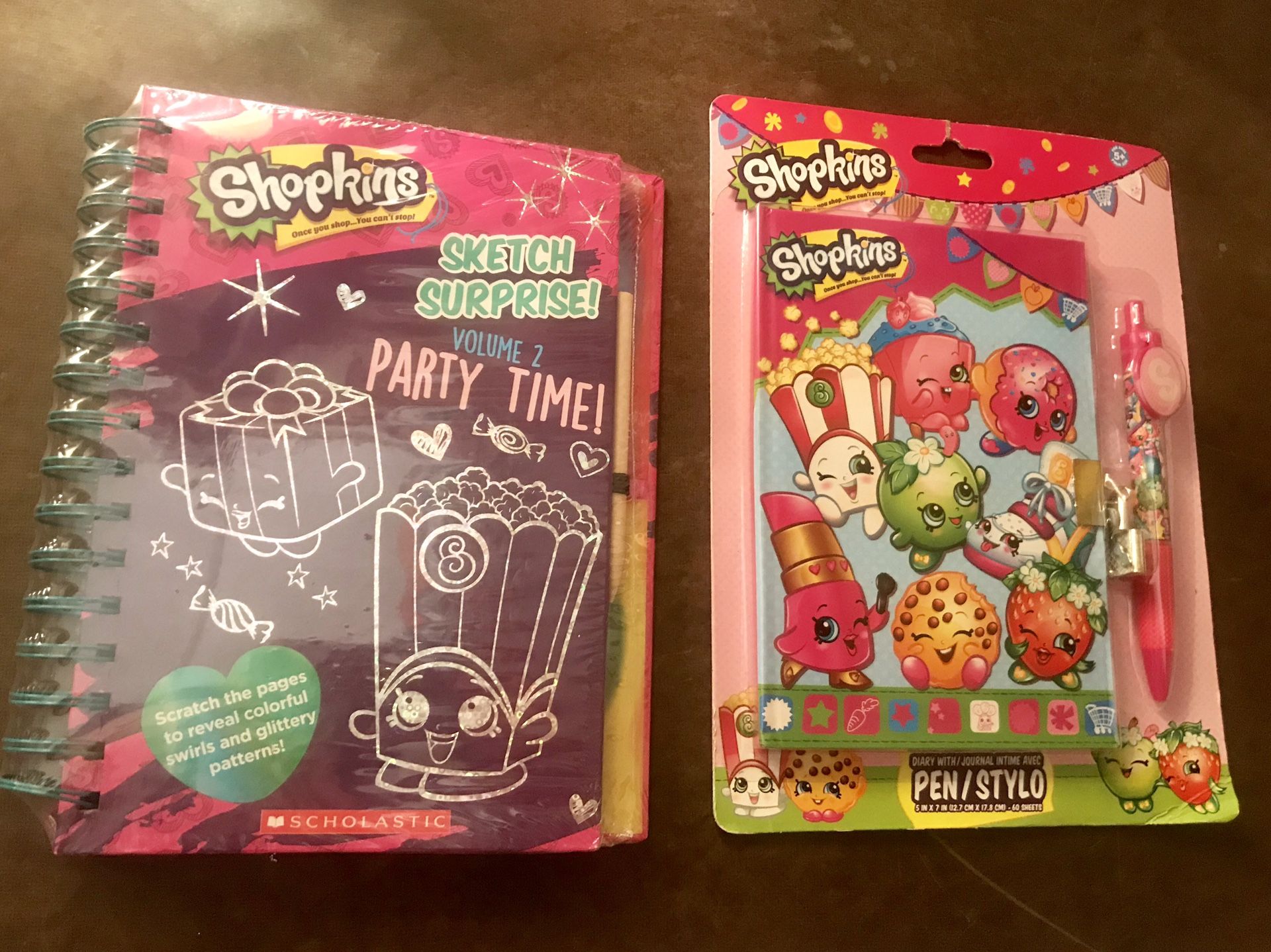 2 BRAND NEW SHOPKINS FUN SCETCH SURPRISE ACTIVITY BOOK AND LOCK JOURNAL PEN SET