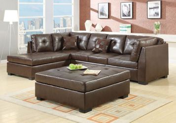 Brown chocolate genuine bondead leather sectional sofa couch 109x76 plush cushions, 2 accent pillows