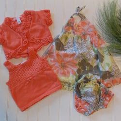 Vtg Janie & Jack Baby Girls 3-6M Peach & Green Floral Summer Set 4pc