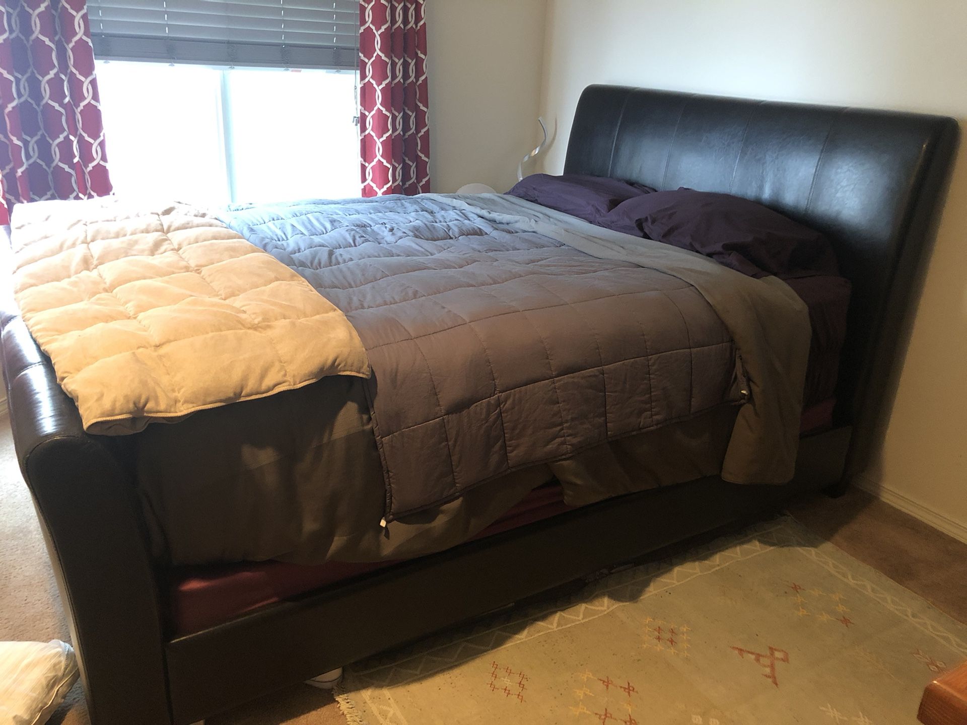 Espresso faux-leather queen bed frame