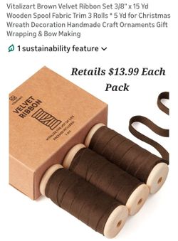 Vitalizart Brown Velvet Ribbon Set 3/8" x 15 Yd Wooden Spool Fabric Trim 3 Rolls $7 Each Or 5 Packs For $30 1604-Hausman