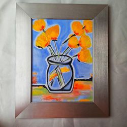 Original Acrylic 12" x 16" Abstract Painting with Purple Vase and Yellow Flowers. Silver Frame.