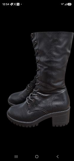 Black Lace-Up Mid-Calf Heeled Combat Boots